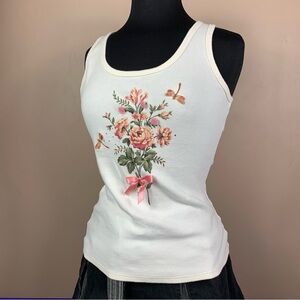 Y2K 2003 Victoria’s Secret Floral Ribbed Tank Top Bow Rhinestone L